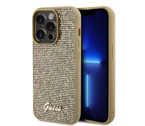 GUESS PU Square Mirror Script Logo Zadní Kryt pro Apple iPhone 15 Pro zlatá