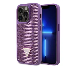 GUESS Rhinestones Triangle Metal Logo Kryt pro Apple iPhone 15 Pro fialová