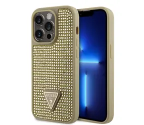 GUESS Rhinestones Triangle Metal Logo Kryt pro Apple iPhone 15 Pro zlatá