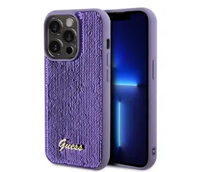 GUESS Sequin Script Logo Zadní Kryt pro Apple iPhone 15 Pro fialová