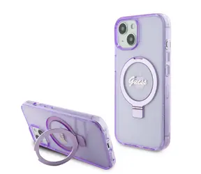 GUESS IML Ring Stand Glitter MagSafe Zadní Kryt pro Apple iPhone 15 Plus fialová