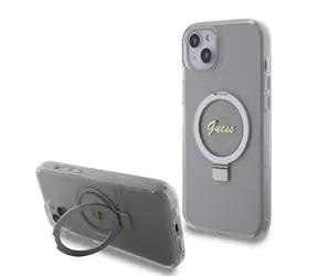 GUESS IML Ring Stand Glitter MagSafe Zadní Kryt pro Apple iPhone 15 Plus transparentní