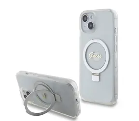 GUESS IML Ring Stand Glitter MagSafe Zadní Kryt pro Apple iPhone 15 transparentní