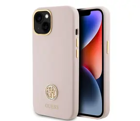 GUESS Liquid Silicone 4G Strass Metal Logo Zadní Kryt pro Apple iPhone 15 růžová
