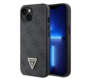 GUESS PU 4G Strass Triangle Metal Logo Zadní Kryt pro Apple iPhone 15 černá
