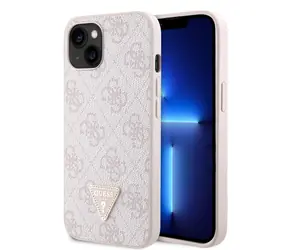 GUESS PU 4G Strass Triangle Metal Logo Zadní Kryt pro Apple iPhone 15 růžová