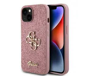 GUESS PU Fixed Glitter 4G Metal Logo Zadní Kryt pro Apple iPhone 15 růžová