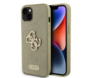 GUESS PU Perforated 4G Glitter Metal Logo Zadní Kryt pro Apple iPhone 15 zlatá