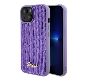 GUESS Sequin Script Logo Zadní Kryt pro Apple iPhone 15 fialová