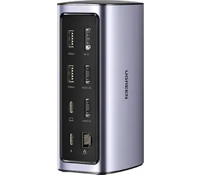 UGREEN CM555 Dokovací stanice šedá / 3x USB-C / 3x USB-A / 2x HDMI / 1x DP / 1x RJ45 / 1x AUX / čtečka karet SD & TF