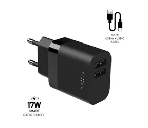 FIXED Set síťové nabíječky s 2xUSB výstupem a USB/USB-C kabelu černá / 17W Smart Rapid Charge