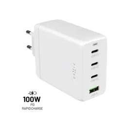 FIXED GaN Síťová nabíječka 100W bílá / 3x USB-C & 1x USB-A / podpora PD 