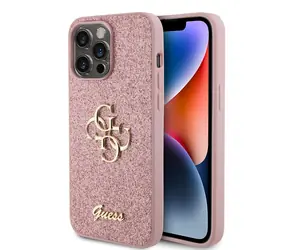 Guess PU Fixed Glitter 4G Metal Logo Zadní Kryt pro Apple iPhone 15 Pro Max růžová
