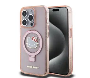 Hello Kitty IML Ringstand Glitter Kitty Head Logo MagSafe Zadní Kryt pro Apple iPhone 15 Pro Max růžová