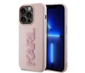 Karl Lagerfeld 3D Rubber Glitter Logo Karl Zadní Kryt pro Apple iPhone 15 Pro růžová