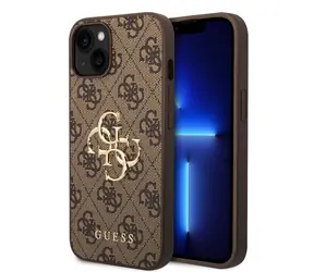 Guess PU 4G Metal Logo Zadní Kryt pro Apple iPhone 15 hnědá