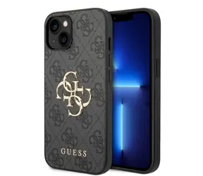 Guess PU 4G Metal Logo Zadní Kryt pro Apple iPhone 15 šedá