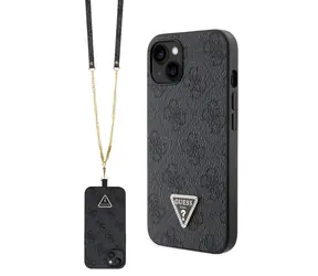 Guess PU 4G Strass Triangle Metal Logo Zadní Kryt + Crossbody Popruh pro Apple iPhone 15 černá