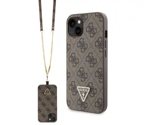 Guess PU 4G Strass Triangle Metal Logo Zadní Kryt + Crossbody Popruh pro Apple iPhone 15 hnědá
