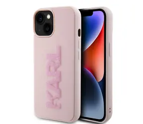 Karl Lagerfeld 3D Rubber Glitter Logo Karl Zadní Kryt pro Apple iPhone 15 růžová