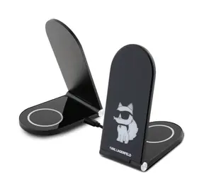 Karl Lagerfeld Aluminium Stolní Bezdrátová Magnetická Nabíječka 2v1 Choupette NFT černá / 15 W 