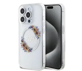 Guess PC/TPU Flowers Ring Glossy Logo MagSafe Zadní Kryt pro Apple iPhone 15 Pro Max čirá