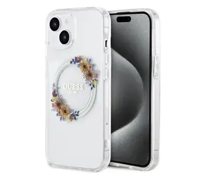 Guess PC/TPU Flowers Ring Glossy Logo MagSafe Zadní Kryt pro Apple iPhone 15 Plus čirá