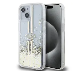 Guess PC/TPU Liquid Glitter Gold Stripe Zadní Kryt pro Apple iPhone 15 Plus čirá