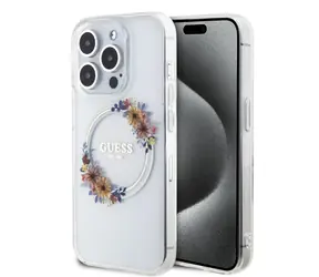 Guess PC/TPU Flowers Ring Glossy Logo MagSafe Zadní Kryt pro Apple iPhone 15 Pro čirá