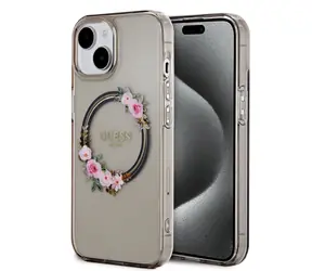 Guess PC/TPU Flowers Ring Glossy Logo MagSafe Zadní Kryt pro Apple iPhone 15 černá 