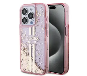 Guess PC/TPU Liquid Glitter Gold Stripe Zadní Kryt pro Apple iPhone 15 Pro růžová