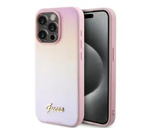 Guess PU Leather Iridescent Metal Script Zadní Kryt pro Apple iPhone 15 Pro růžová