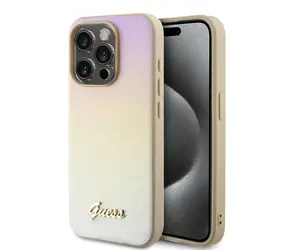 Guess PU Leather Iridescent Metal Script Zadní Kryt pro Apple iPhone 15 Pro zlatá