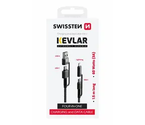 SWISSTEN KEVLAR datový kabel 4v1 USB-C (M) - USB-A (M) - Lightning (M) 1.5m černá / 60W / 3A 