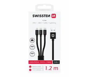 SWISSTEN TEXTILE datový kabel 3v1 2x USB-C (M) - Lightning (M) - USB-A (M) 1.2m černá / 60W / 3A