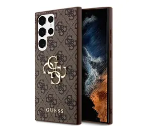 Guess PU 4G Metal Logo Zadní Kryt pro Samsung Galaxy S24 Ultra hnědá