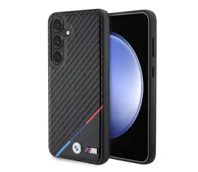 BMW M PU Leather Carbon Magsafe Tricolor Line Zadní Kryt pro Samsung Galaxy S24 černá