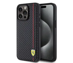 Ferrari PU Leather Carbon Vertical červená Line Zadní Kryt pro Apple iPhone 15 Pro Max černá