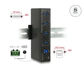 DeLock Externí průmyslový hub 1x USB 3.0 B (F) - 4x USB 3.0 A (F) černá