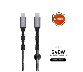 FIXED Armor Nabíjecí a datový odolný kabel s konektory USB-C/USB-C a podporou PD 1.2 m šedý / USB 2.0 / 240W 