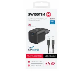 SWISSTEN síťový adaptér GaN USB-C + datový kabel USB-C - USB-C 1.2m černá / 35W / PD