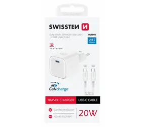 SWISSTEN Síťový adaptér GaN USB-C + datový kabel USB-C - USB-C 20W 1.2m bílá / 20W / PD