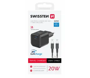 SWISSTEN Síťový adaptér GaN USB-C + datový kabel USB-C - USB-C 1.2m černá / 20W / PD