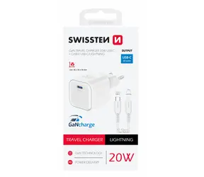 SWISSTEN Síťový adaptér GaN USB-C + datový kabel USB-C - Lightning 20W 1.2m bílá / 20W / PD