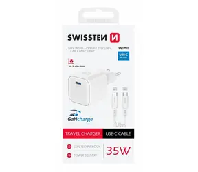 SWISSTEN Síťový adaptér GaN USB-C + datový kabel USB-C - USB-C 35W 1.2m bílá / 35W / PD