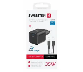 SWISSTEN Síťový adaptér GaN USB-C + datový kabel USB-C - Lightning 1.2m černá / 35W / PD
