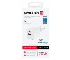 SWISSTEN Síťový adaptér GaN USB-C/USB-A bílá / 20W / QC / PD
