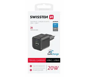 SWISSTEN Síťový adaptér GaN USB-C/USB-A černá / 20W / QC / PD