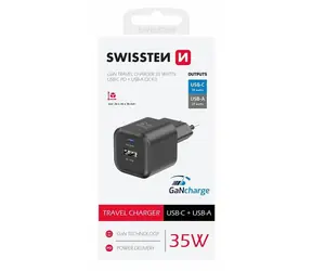 SWISSTEN Síťový adaptér GaN USB-C/USB-A černá / 35W / QC / PD