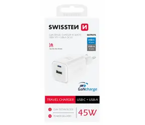 SWISSTEN Síťový adaptér GaN USB-C/USB-A bílá / 45W / QC / PD